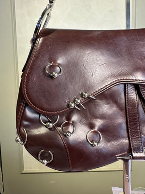 Rare Vintage Christian Dior "Hardcore" piercing limited edition Saddlebag S/S 2004 John Galliano Dark Brown Burgundy