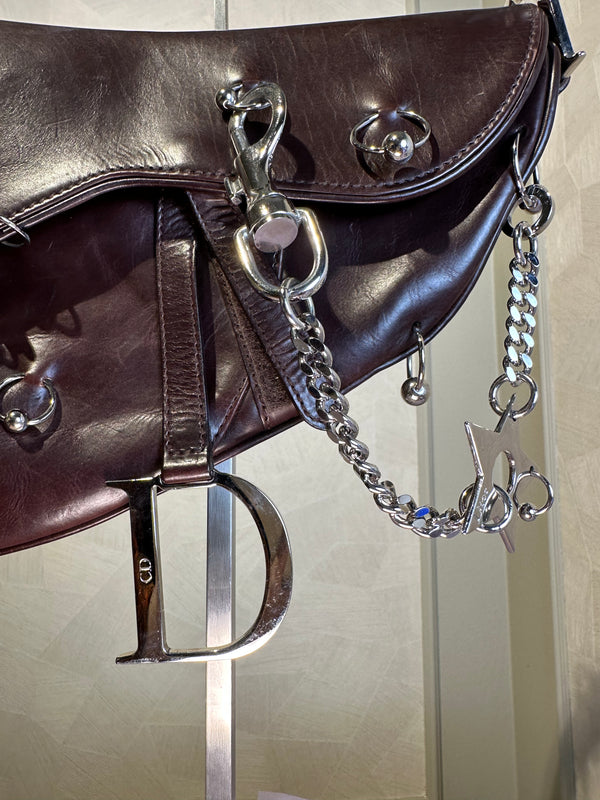 Rare Vintage Christian Dior "Hardcore" piercing limited edition Saddlebag S/S 2004 John Galliano Dark Brown Burgundy