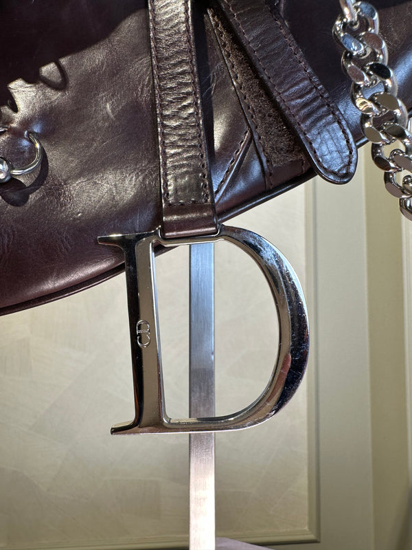 Rare Vintage Christian Dior "Hardcore" piercing limited edition Saddlebag S/S 2004 John Galliano Dark Brown Burgundy