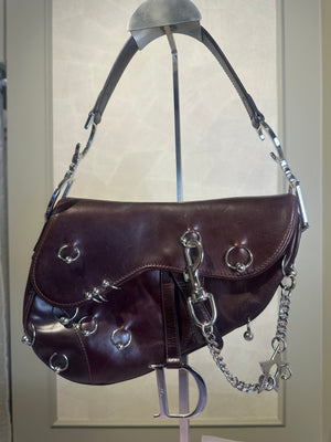 Rare Vintage Christian Dior "Hardcore" piercing limited edition Saddlebag S/S 2004 John Galliano Dark Brown Burgundy