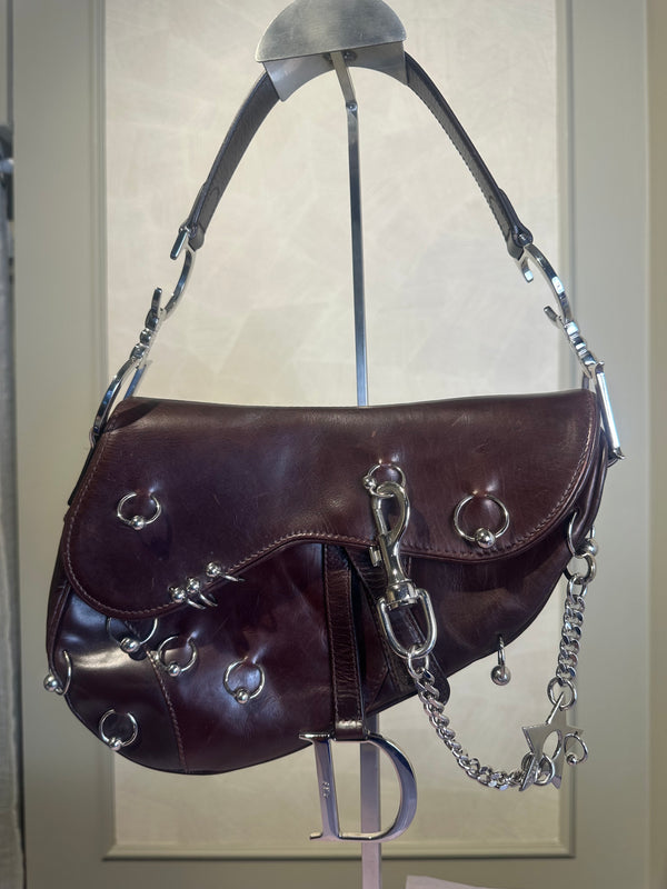 Rare Vintage Christian Dior "Hardcore" piercing limited edition Saddlebag S/S 2004 John Galliano Dark Brown Burgundy