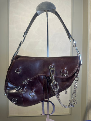 Rare Vintage Christian Dior "Hardcore" piercing limited edition Saddlebag S/S 2004 John Galliano Dark Brown Burgundy