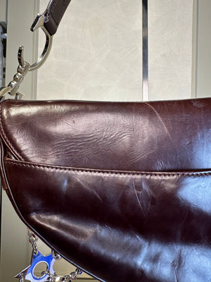 Rare Vintage Christian Dior "Hardcore" piercing limited edition Saddlebag S/S 2004 John Galliano Dark Brown Burgundy