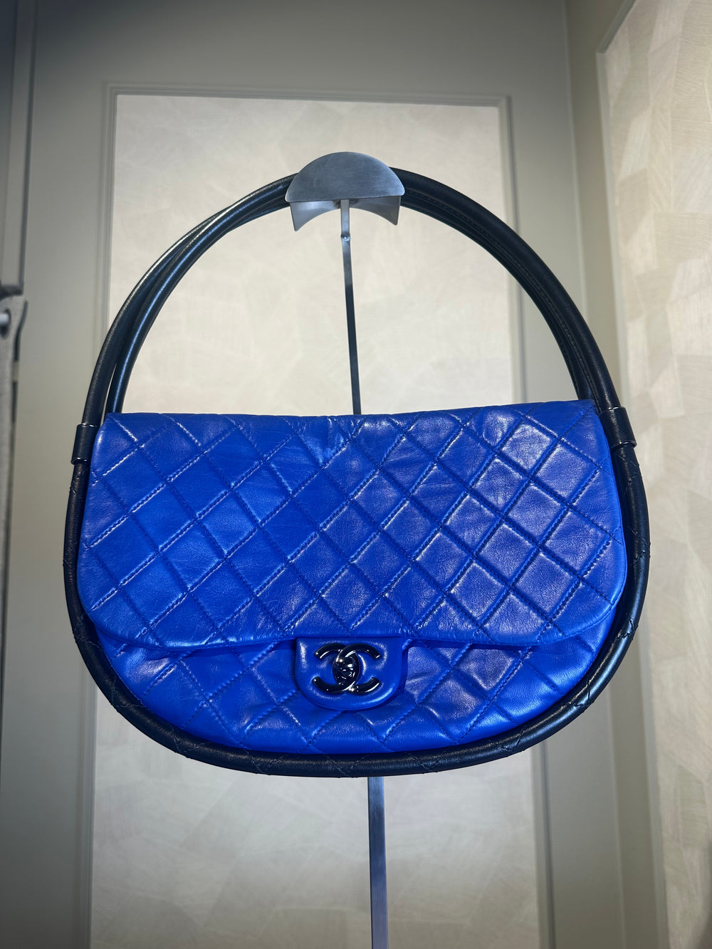Chanel Iconic S/S 2013 Karl Lagerfeld Hula Hoop Electric Blue CC flap Black Hardware Quilted Calfskin Mini