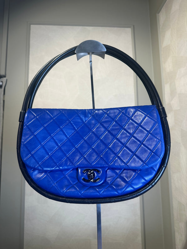 Chanel Iconic S/S 2013 Karl Lagerfeld Hula Hoop Electric Blue CC flap Black Hardware Quilted Calfskin Mini
