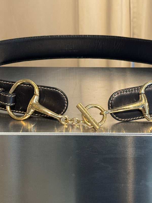 Gucci by Tom Ford Vintage Black Leather Horsebit Chain Toggle Wide Belt Gold Hardware Y2K Archive