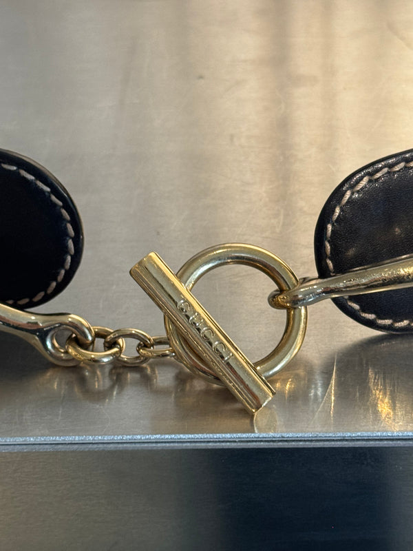 Gucci by Tom Ford Vintage Black Leather Horsebit Chain Toggle Wide Belt Gold Hardware Y2K Archive