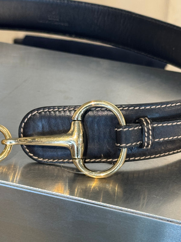 Gucci by Tom Ford Vintage Black Leather Horsebit Chain Toggle Wide Belt Gold Hardware Y2K Archive