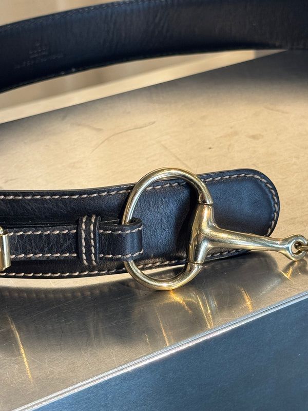 Gucci by Tom Ford Vintage Black Leather Horsebit Chain Toggle Wide Belt Gold Hardware Y2K Archive