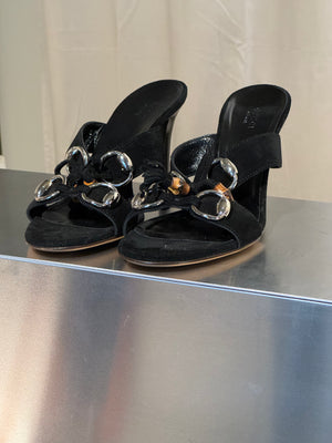 Gucci Black Suede Tassel Mule Sandals Bamboo Detail Gold Hardware High Heel Size 38C