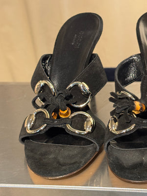 Gucci Black Suede Tassel Mule Sandals Bamboo Detail Gold Hardware High Heel Size 38C