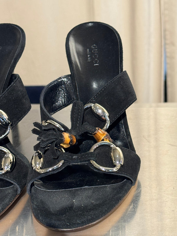 Gucci Black Suede Tassel Mule Sandals Bamboo Detail Gold Hardware High Heel Size 38C