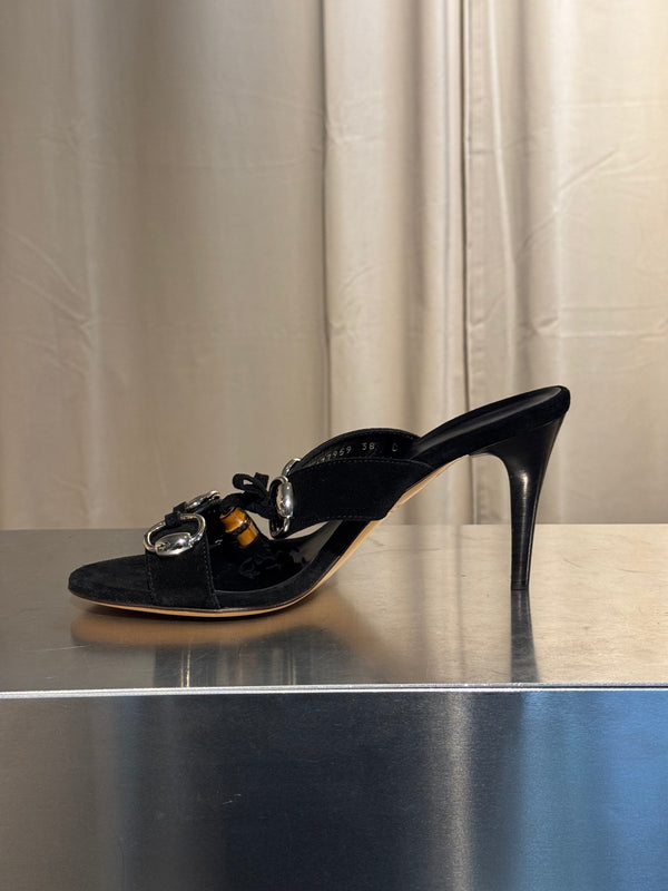Gucci Black Suede Tassel Mule Sandals Bamboo Detail Gold Hardware High Heel Size 38C