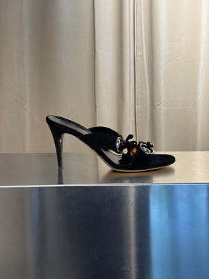 Gucci Black Suede Tassel Mule Sandals Bamboo Detail Gold Hardware High Heel Size 38C