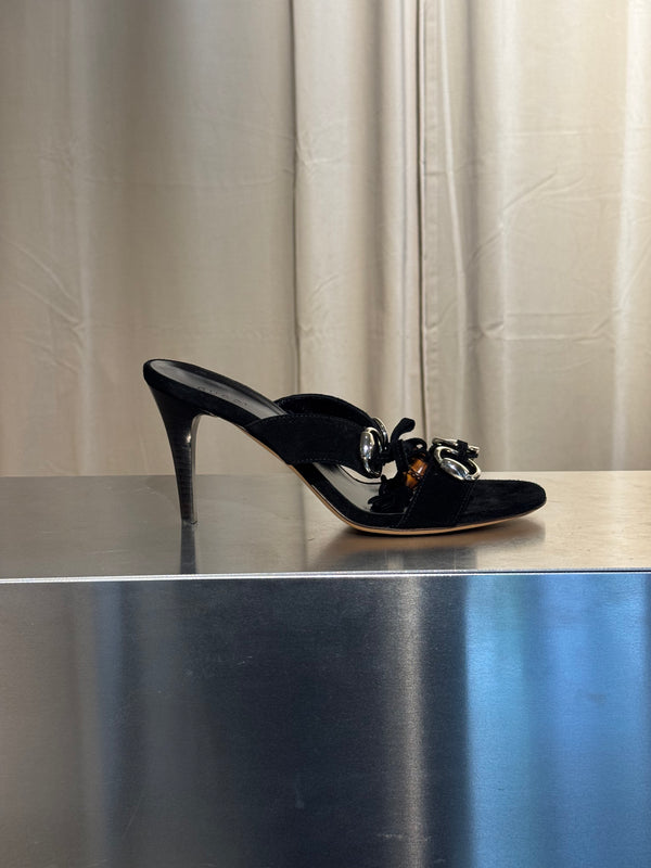 Gucci Black Suede Tassel Mule Sandals Bamboo Detail Gold Hardware High Heel Size 38C