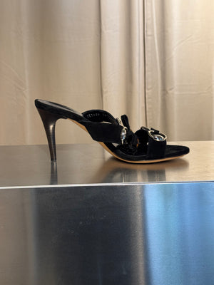Gucci Black Suede Tassel Mule Sandals Bamboo Detail Gold Hardware High Heel Size 38C