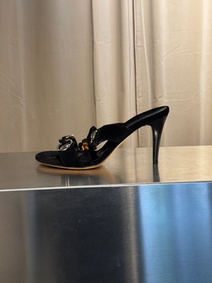 Gucci Black Suede Tassel Mule Sandals Bamboo Detail Gold Hardware High Heel Size 38C