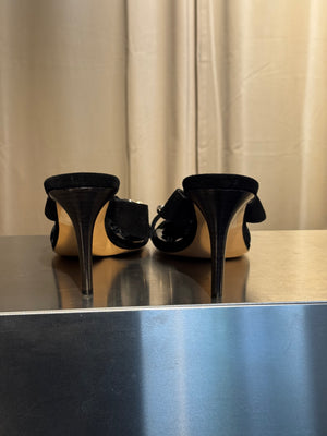 Gucci Black Suede Tassel Mule Sandals Bamboo Detail Gold Hardware High Heel Size 38C