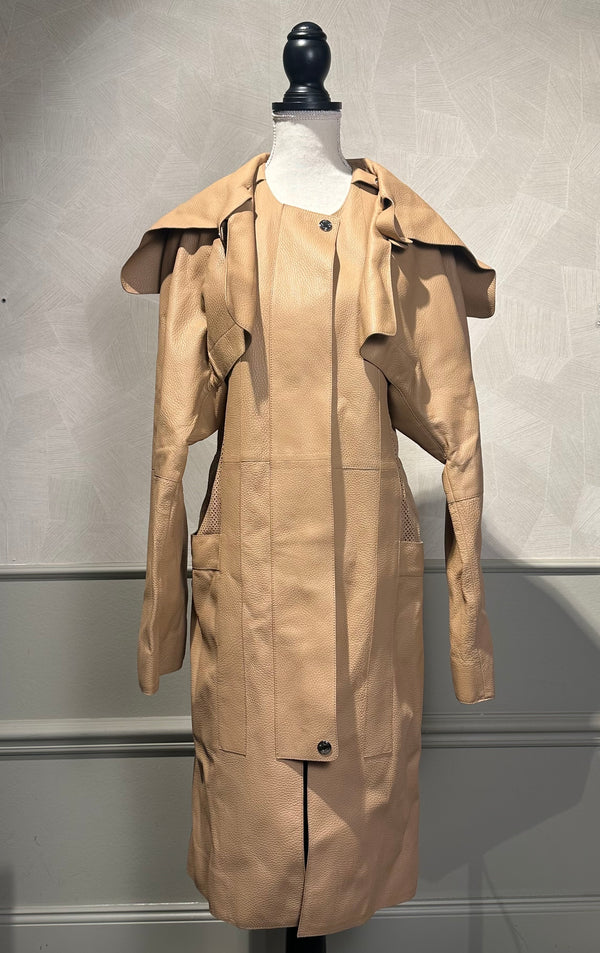 Hermes Trench Coat Leather Camel Ecru chic long sleeve calfskin exaggerated lapels silver hardware chic unique