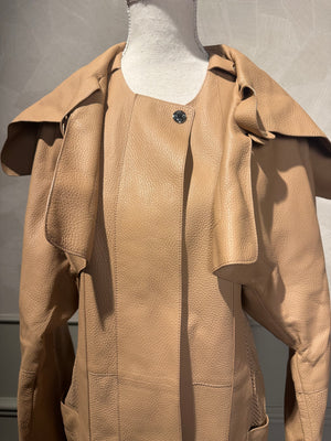 Hermes Trench Coat Leather Camel Ecru chic long sleeve calfskin exaggerated lapels silver hardware chic unique