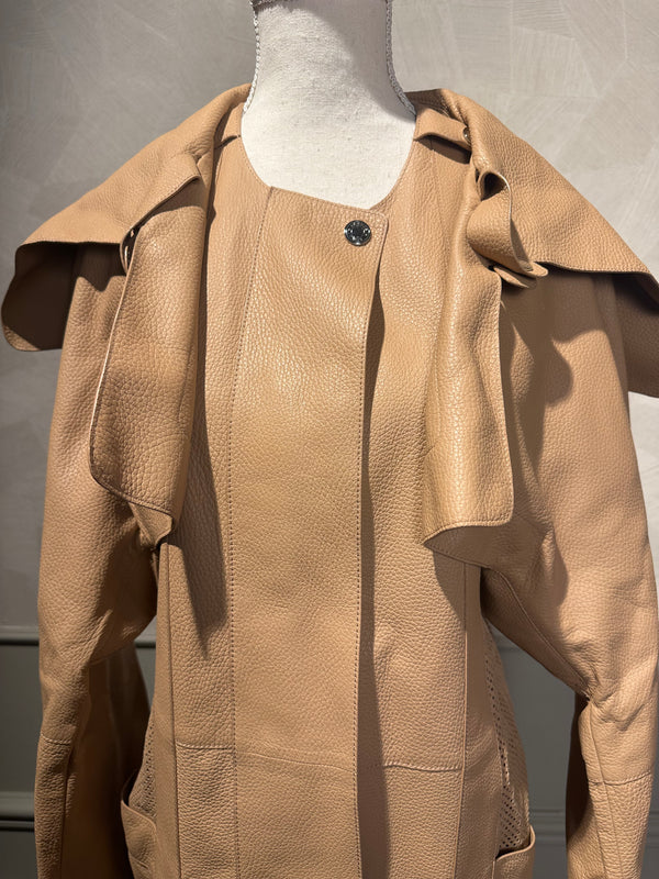 Hermes Trench Coat Leather Camel Ecru chic long sleeve calfskin exaggerated lapels silver hardware chic unique