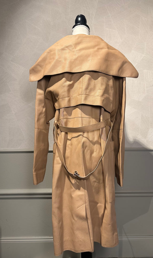 Hermes Trench Coat Leather Camel Ecru chic long sleeve calfskin exaggerated lapels silver hardware chic unique