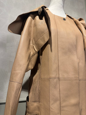 Hermes Trench Coat Leather Camel Ecru chic long sleeve calfskin exaggerated lapels silver hardware chic unique