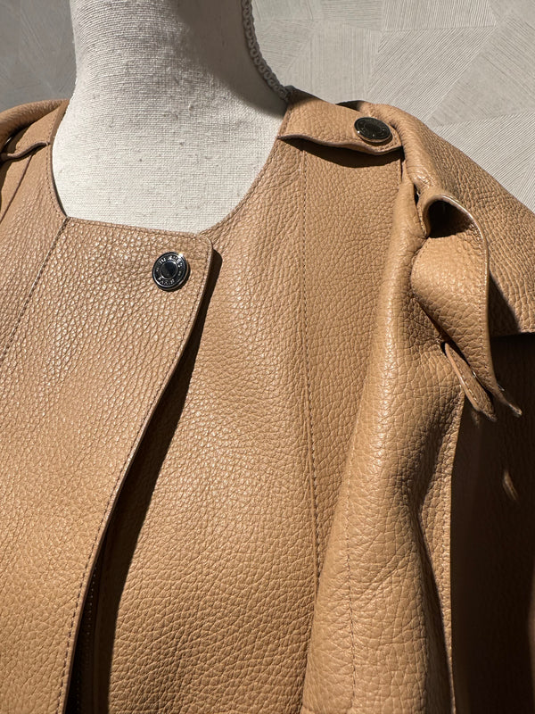 Hermes Trench Coat Leather Camel Ecru chic long sleeve calfskin exaggerated lapels silver hardware chic unique