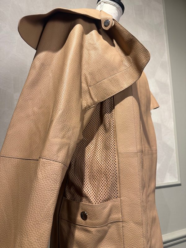 Hermes Trench Coat Leather Camel Ecru chic long sleeve calfskin exaggerated lapels silver hardware chic unique