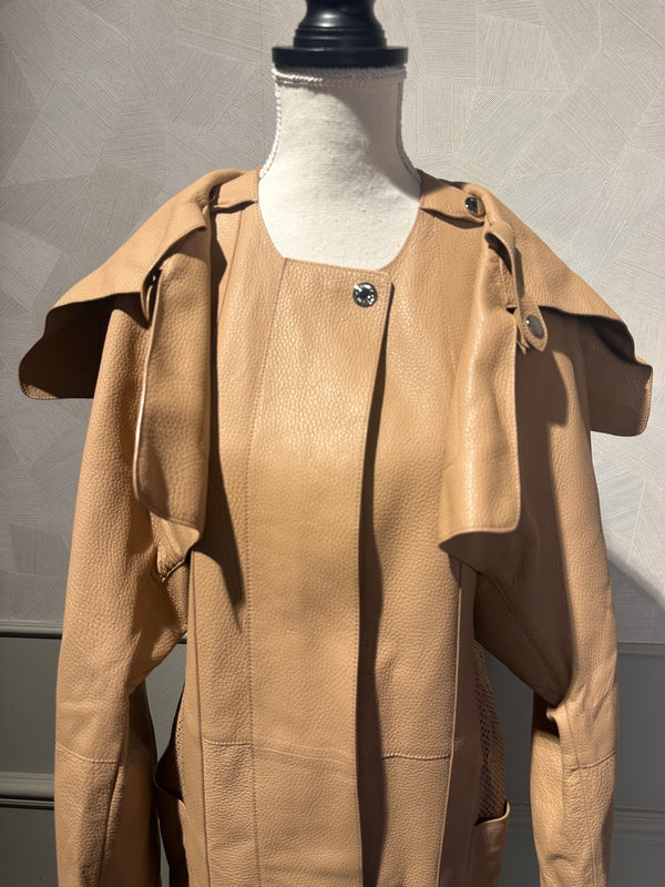 Hermes Trench Coat Leather Camel Ecru chic long sleeve calfskin exaggerated lapels silver hardware chic unique