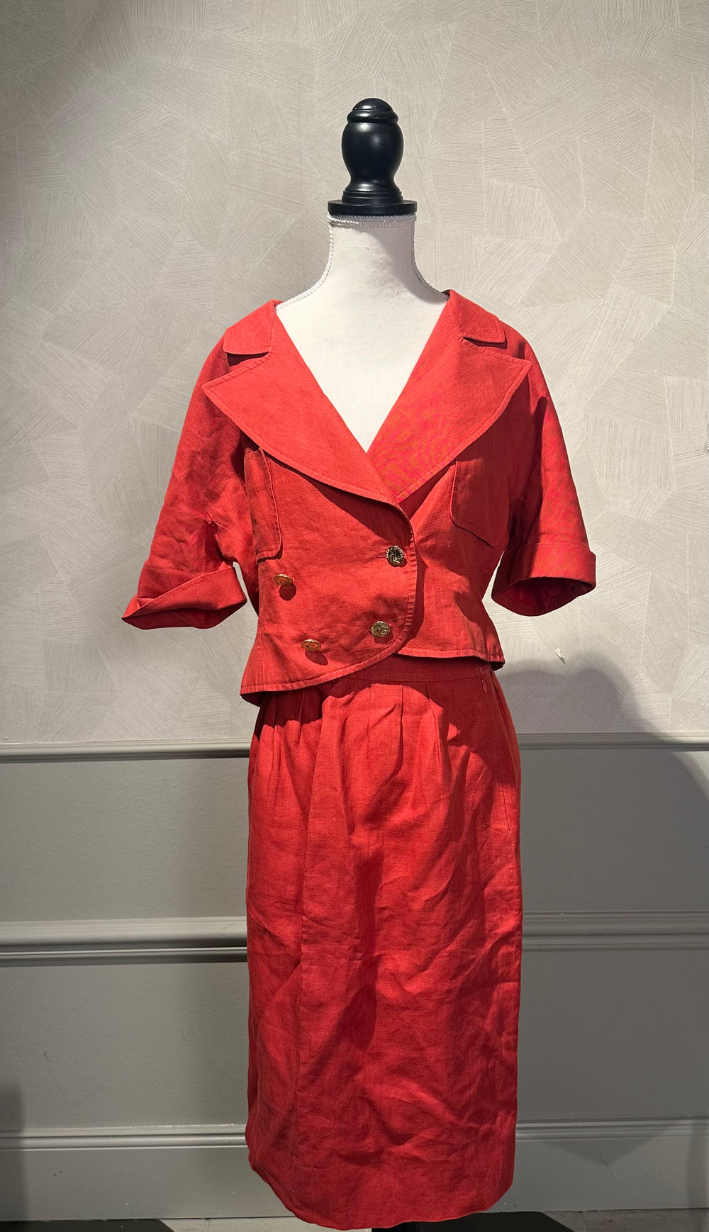 Vintage Chanel Red 2 piece set short sleeve jacket & long skirt gold hardware lapel collared jacket FR36