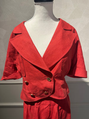 Vintage Chanel Red 2 piece set short sleeve jacket & long skirt gold hardware lapel collared jacket FR36