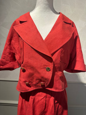 Vintage Chanel Red 2 piece set short sleeve jacket & long skirt gold hardware lapel collared jacket FR36