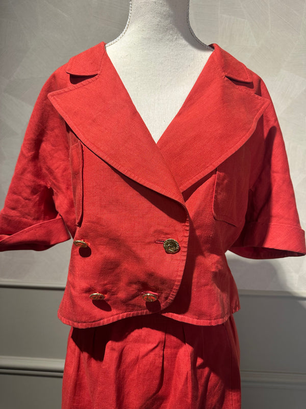 Vintage Chanel Red 2 piece set short sleeve jacket & long skirt gold hardware lapel collared jacket FR36