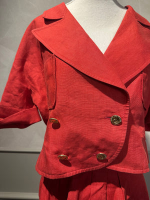 Vintage Chanel Red 2 piece set short sleeve jacket & long skirt gold hardware lapel collared jacket FR36
