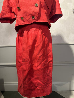 Vintage Chanel Red 2 piece set short sleeve jacket & long skirt gold hardware lapel collared jacket FR36