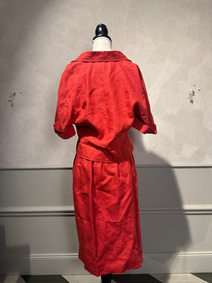 Vintage Chanel Red 2 piece set short sleeve jacket & long skirt gold hardware lapel collared jacket FR36