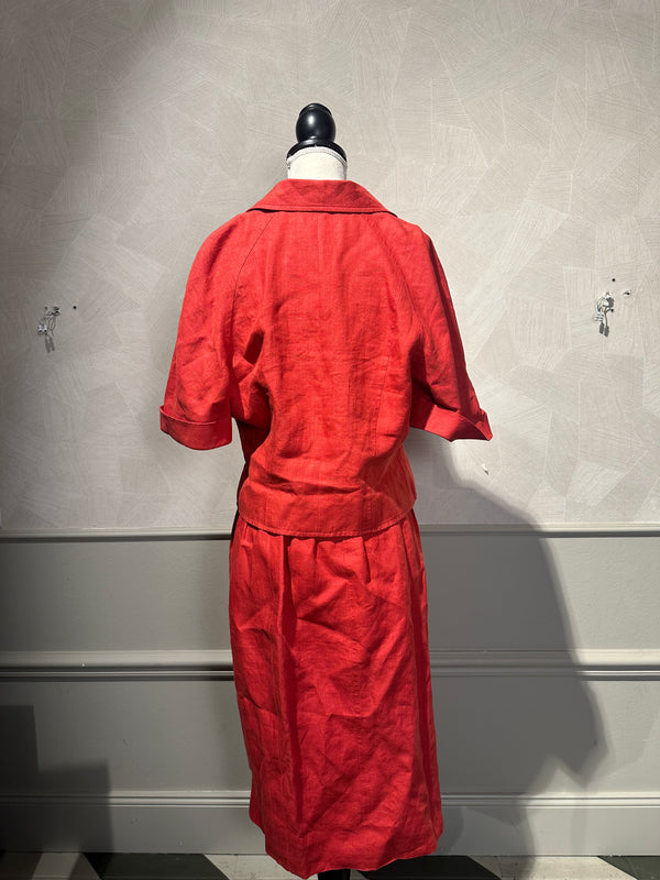Vintage Chanel Red 2 piece set short sleeve jacket & long skirt gold hardware lapel collared jacket FR36