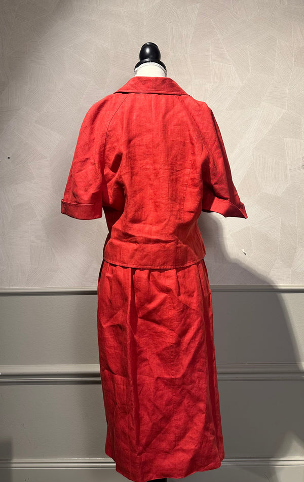 Vintage Chanel Red 2 piece set short sleeve jacket & long skirt gold hardware lapel collared jacket FR36