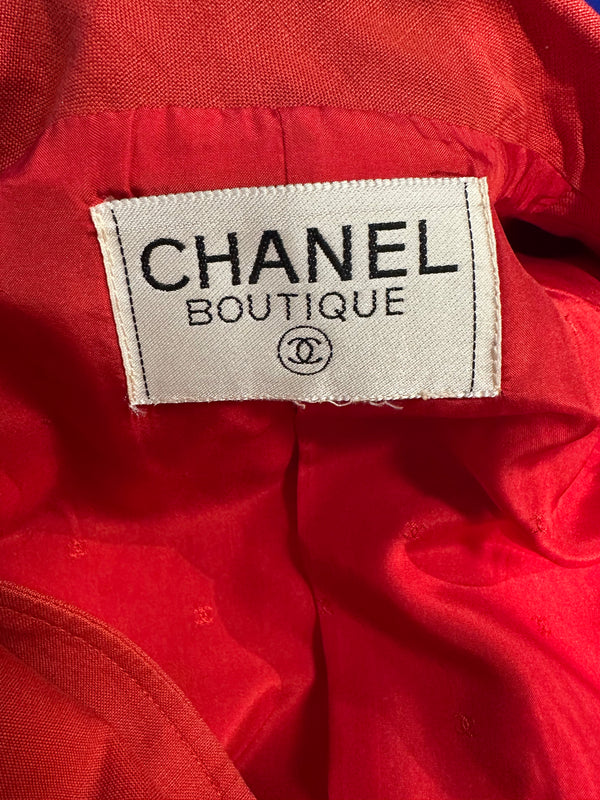 Vintage Chanel Red 2 piece set short sleeve jacket & long skirt gold hardware lapel collared jacket FR36