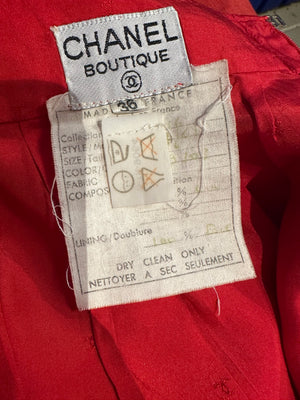 Vintage Chanel Red 2 piece set short sleeve jacket & long skirt gold hardware lapel collared jacket FR36