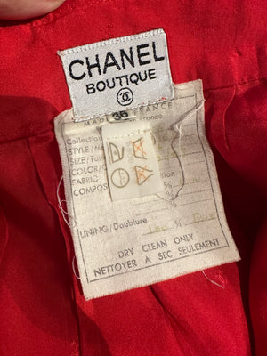 Vintage Chanel Red 2 piece set short sleeve jacket & long skirt gold hardware lapel collared jacket FR36