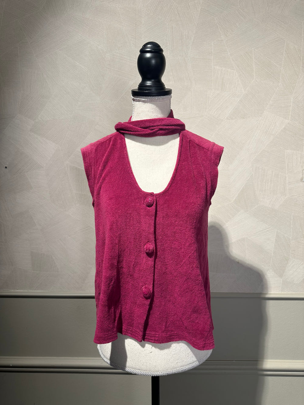Chanel fuchsia terrycloth button up vest with matching scarf CC monochrome pink buttons asia exclusive FR36