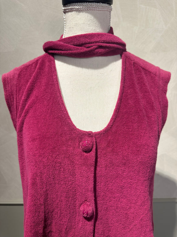 Chanel fuchsia terrycloth button up vest with matching scarf CC monochrome pink buttons asia exclusive FR36