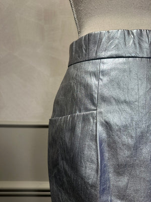 Chanel Silver Metallic Pencil Skirt S/S 2014 Runway FR 36 Unique CC button Collectors Piece