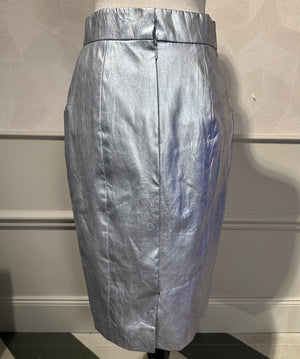 Chanel Silver Metallic Pencil Skirt S/S 2014 Runway FR 36 Unique CC button Collectors Piece