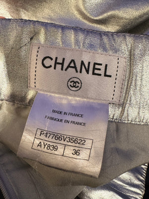 Chanel Silver Metallic Pencil Skirt S/S 2014 Runway FR 36 Unique CC button Collectors Piece