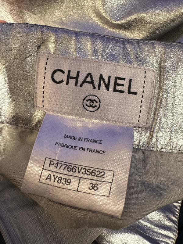 Chanel Silver Metallic Pencil Skirt S/S 2014 Runway FR 36 Unique CC button Collectors Piece