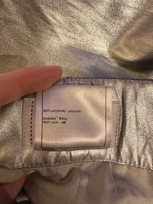 Chanel Silver Metallic Pencil Skirt S/S 2014 Runway FR 36 Unique CC button Collectors Piece