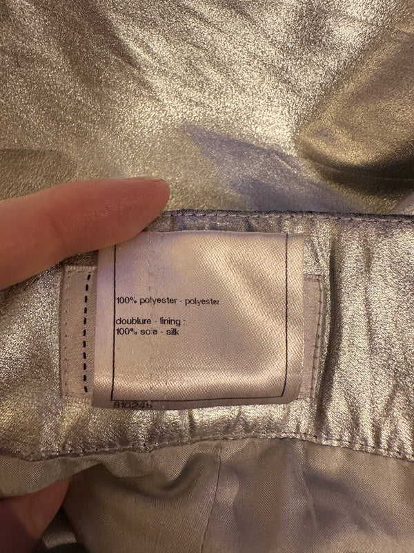 Chanel Silver Metallic Pencil Skirt S/S 2014 Runway FR 36 Unique CC button Collectors Piece